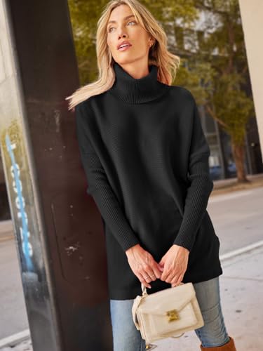 LILLUSORY Sweaters for Women Turtleneck Oversized Cashmere 2024 Pullover Long Mock Batwing Tunic Trendy Clearance Clothes Black