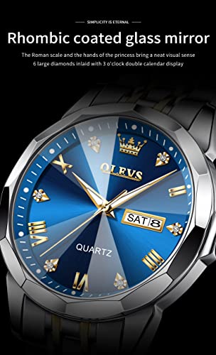 OLEVS Watch for Men Diamond Business Dress Analog Quartz Stainless Steel Waterproof Luminous Date Two Tone Luxury Casual Wrist Watch Blue