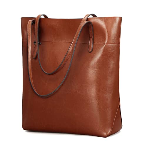 Kattee Vintage Genuine Leather Tote Shoulder Handbag for Woman with Adjustable Handles (Brown)