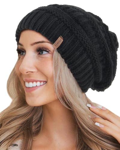 FURTALK Winter Hats for Women Fleece Lined Knit Beanie Hats Slouchy Warm Beanies Ski Skull Cap Black