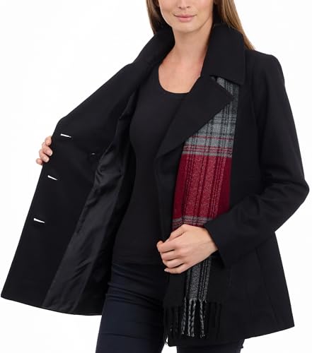 LONDON FOG womens Double Breasted Peacoat With Scarf Pea Coat, Black, Large US