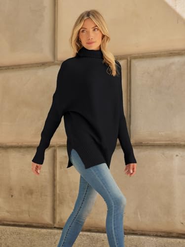 LILLUSORY Oversized Sweaters Women Long Turtleneck Turtle Neck Tunic 2024 Trendy Mock Pullover Batwing Sweater Tops Wear Leggings Black