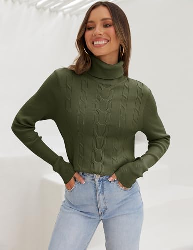 LEANI Womens 2024 Turtleneck Sweaters Cable Knit Long Sleeve Pullover Sweater Jumper ArmyGreen Medium