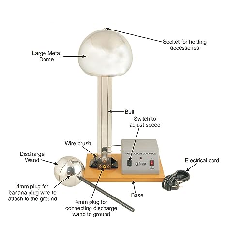 EISCO Van De Graaff Generator, Motor Driven - 120/240V, 50/60Hz - Includes Assembled Base with DC Motor, Power Cord, Discharge Wand, & Accessories - 22" Tall