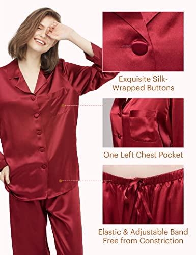 LilySilk Silk Pajamas for Women Button Up Pajamas Set for Ladies Girls Soft Maternity Pajamas Birthday Bridal Party Gift for Christmas Anniversary Valentine's day, Claret L