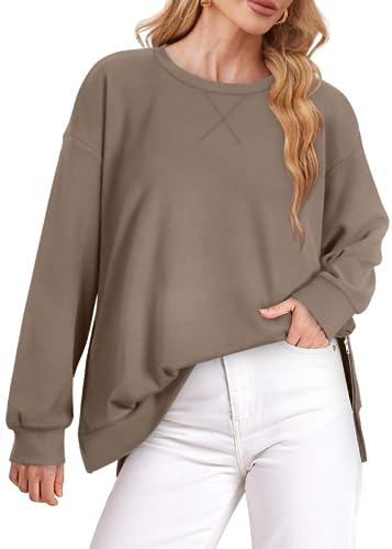 WIHOLL Womens Sweatshirt Lightweight Oversized Crewneck Pullover Long Sleeve Tops Soft Sweatshirts Loose Fit Fall Fashion 2024 Y2K Casual Side Slit Shirts Coffee 2XL