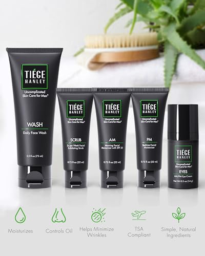 Tiege Hanley Mens Skin Care Set, Advanced Skin Care Routine for Men (System Level 2) - Face Wash Kit for Fines Lines - Men's Skincare Set Includes Face Wash, Facial Scrub, Moisturizer, & Eye Cream