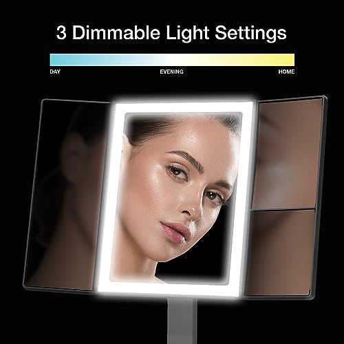 Fancii LED Lighted Makeup Mirror with 3 Color Temp, Rechargeable Trifold Vanity Mirror with 5X / 7X Magnifications - Dimmable Lights, Ultra Reflective Glass, Touch Sensor, Cosmetic Stand (Zora)