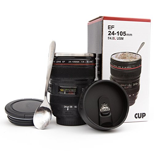 STRATA CUPS Camera Lens Coffee Mug -13.5oz | (2 LIDS + SPOON + BAG) Gifts for Him, Dad Gifts, Photography, Camera accessories, Novelty Gifts, Gifts for Him