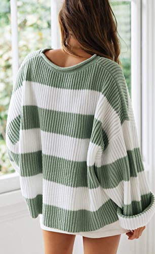 ZESICA Women's 2024 Fall Long Sleeve Crew Neck Striped Color Block Comfy Loose Oversized Knitted Pullover Sweater,Green,Medium