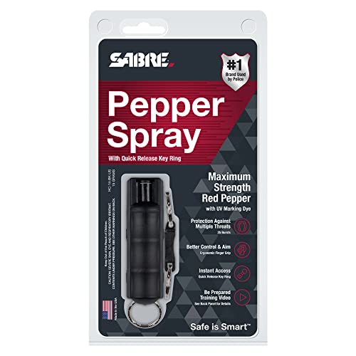 SABRE Pepper Spray, Quick Release Keychain for Easy Carry and Fast Access, Finger Grip for More Accurate and Faster Aim, Maximum Police Strength OC Spray, 0.54 oz, Secure and Easy to Use Safety