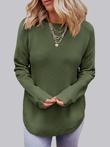 MEROKEETY Women's 2024 Fall Long Sleeve Oversized Crew Neck Solid Color Knit Pullover Sweater Tops, Green L