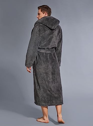 SlumberMee Mens Fleece Plush Robe with Hood Ultra Soft Fluffy Full Length Long with Pockets Luxurious House Coat (Dark Gray, M)