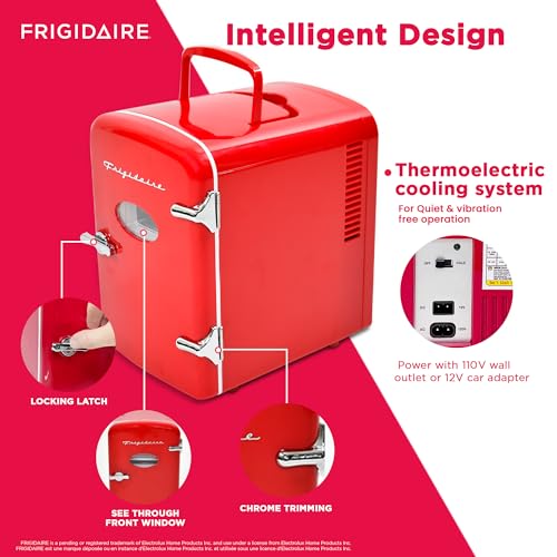 Frigidaire RED EFMIS129- CP4 Mini Portable Compact Personal Cooler, 4 Liter Capacity Chills Six 12 oz Cans, 100% Freon-Free & Eco Friendly, Includes Plugs for Home Outlet & DC Charger, standard