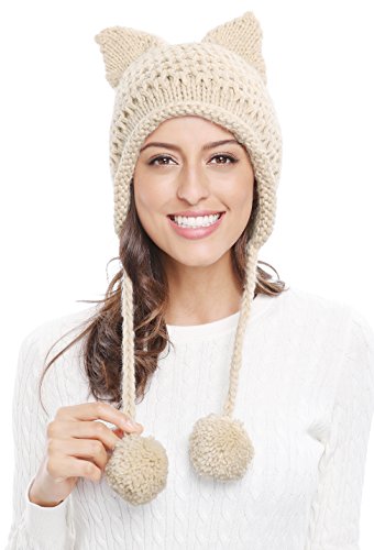 Bellady Winter Cute Cat Ears Knit Hat Ear Flap Crochet Beanie Hat,Beige