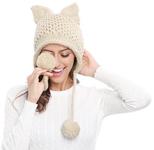 Bellady Winter Cute Cat Ears Knit Hat Ear Flap Crochet Beanie Hat,Beige