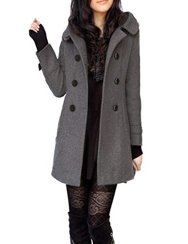 Tanming Women's Warm Double Breasted Wool Pea Coat Trench Coat Jacket with Hood (Grey-L)