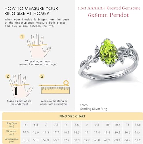 Wasee August Birthstone Ring 925 Sterling Silver Peridot Ring Pear Shaped Leaf Promise Ring for Her Birthday Anniversary Mother's Day Jewelry Gifts for Women,Ring Size 7