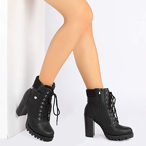 DREAM PAIRS Women's Lace up Combat Ankle Boots High Chunky Heel Fashion Heeled Booties Shoes,Size 9,Black,SCANDL