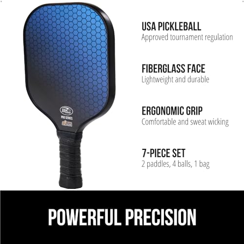 Gorilla Gear USAPA Pickleball Approved Paddle, Fiberglass Shock Absorbent Racket with Ergonomic Grip, Indoor Outdoor Pickle Ball Court Sports Accessories, Set of 2 Paddles 4 Balls and 1 Bag, Blue