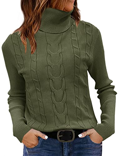 LEANI Womens 2024 Turtleneck Sweaters Cable Knit Long Sleeve Pullover Sweater Jumper ArmyGreen Medium