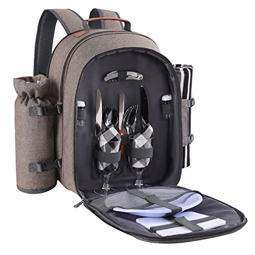 Apollo Walker Picnic Backpack Set for 2 Person with Cooler Compartment, Detachable Bottle/Wine Holder, Fleece Blanket, Plates and Cutlery Set (Beige)