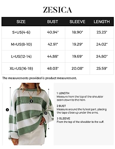 ZESICA Women's 2024 Fall Long Sleeve Crew Neck Striped Color Block Comfy Loose Oversized Knitted Pullover Sweater,Green,Medium