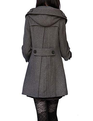 Tanming Women's Warm Double Breasted Wool Pea Coat Trench Coat Jacket with Hood (Grey-L)