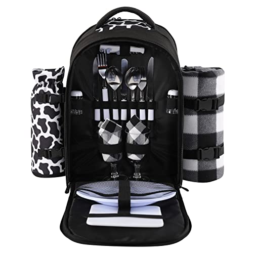 apollo walker Picnic Backpack Bag for 2 Person with Cooler Compartment, Detachable Bottle/Wine Holder, Fleece Blanket, Plates and Cutlery Set (2 Person, Black)