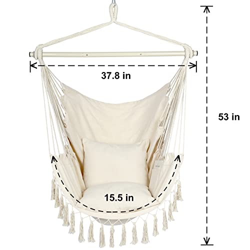 Y- Stop Hammock Chair Hanging Rope Swing, Max 500 Lbs, 2 Cushions Included, Large Macrame Hanging Chair with Pocket for Superior Comfort, with Hardware Kit (Beige)