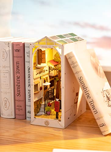 ROBOTIME DIY Book Nook Kit Bookend Stand Bookshelf Insert Bookcase Miniature House with Sensor Light 3D Wooden Puzzle Model Building (Sunshine Town)