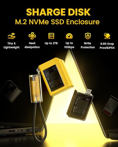 sharge Disk M.2 NVMe SSD Enclosure with Active Cooling System, 10Gbps USB C 3.2 Gen2, Enclosure NVMe Reader Supports M Keys and Size 2230 SSDs, Yellow