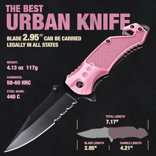 GOOD WORKER 2.95” Serrated Blade Pink Knife - Pocket Knife for Women - Self Defense Knife - Pink Knives - Cute Womens Girl Knife - Womens Folding Knife - Pink Pocket Knife - Mothers Day Gift - 6680 P