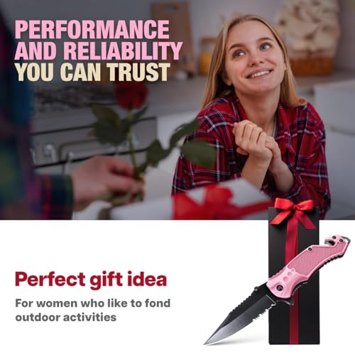 GOOD WORKER 2.95” Serrated Blade Pink Knife - Pocket Knife for Women - Self Defense Knife - Pink Knives - Cute Womens Girl Knife - Womens Folding Knife - Pink Pocket Knife - Mothers Day Gift - 6680 P