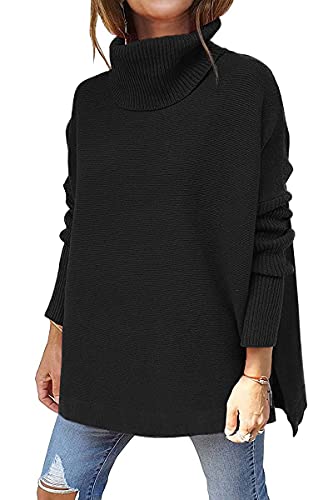 EFAN Womens Oversized Turtleneck Cashmere Chunky Sweaters Long Knit Tunic Pullover Sweater Cotton Plus Size Sweater Dress Black Large