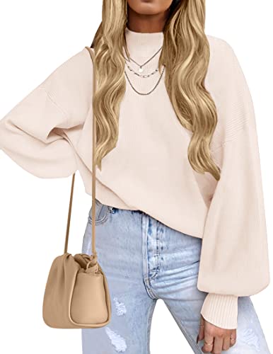 ZESICA Women's 2024 Casual Turtleneck Long Lantern Sleeve Oversized Ribbed Knit Pullover Sweater Jumper Top,Beige,Medium