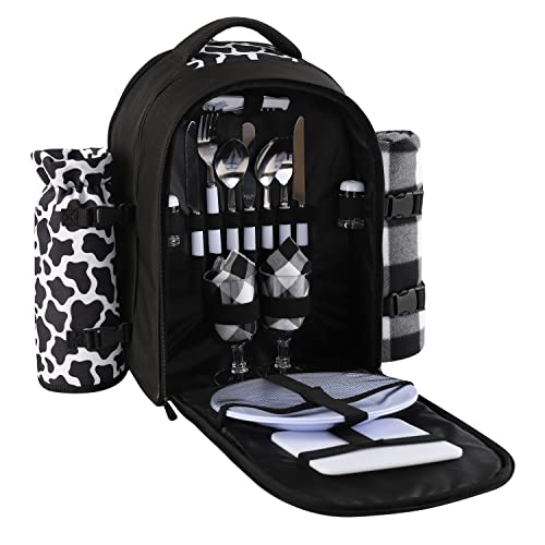 apollo walker Picnic Backpack Bag for 2 Person with Cooler Compartment, Detachable Bottle/Wine Holder, Fleece Blanket, Plates and Cutlery Set (2 Person, Black)