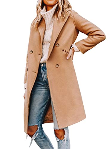 Yousify Womens Notched Lapel Collar Double Breasted Pea Coat Winter Wool Blend Over Coats Long Jackets Camel S