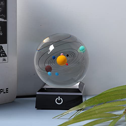 3D Crystal Ball with Solar System Model and LED lamp Base, Clear 80mm (3.15 inch), Best Birthday Girlfriend Gift, Teacher of Physics, Classmates and Kids Gift