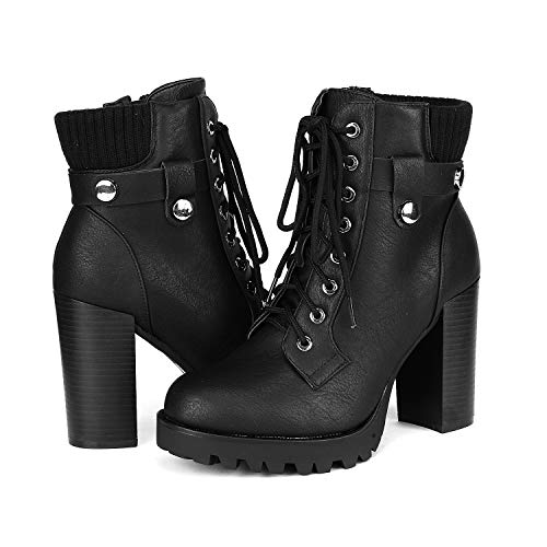 DREAM PAIRS Women's Lace up Combat Ankle Boots High Chunky Heel Fashion Heeled Booties Shoes,Size 9,Black,SCANDL