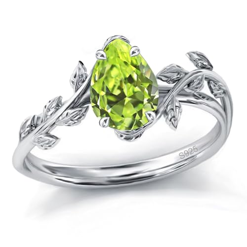 Wasee August Birthstone Ring 925 Sterling Silver Peridot Ring Pear Shaped Leaf Promise Ring for Her Birthday Anniversary Mother's Day Jewelry Gifts for Women,Ring Size 7