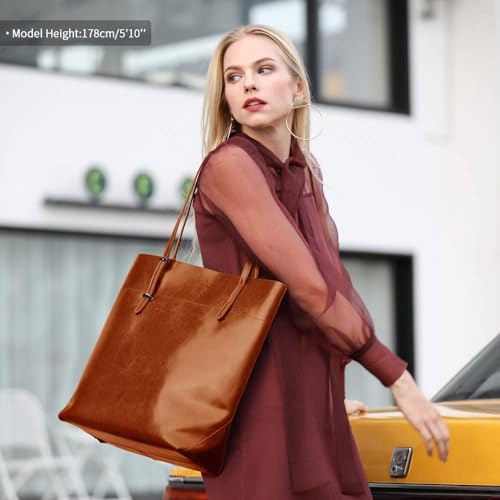 Kattee Vintage Genuine Leather Tote Shoulder Handbag for Woman with Adjustable Handles (Brown)