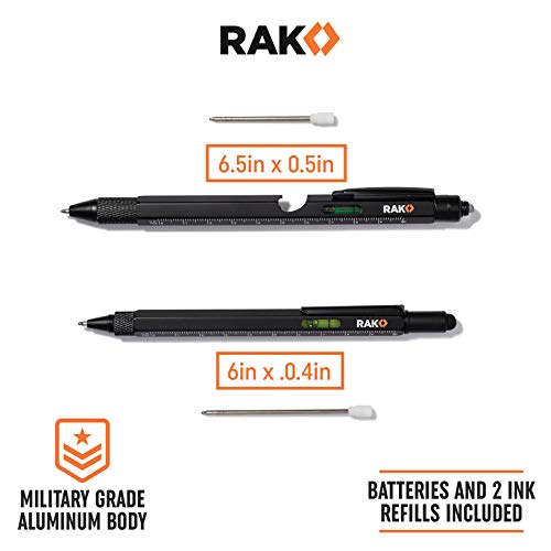 RAK Multi-Tool 2Pc Pen Set - LED Light, Touchscreen Stylus, Ruler, Level, Bottle Opener, Phillips Screwdriver, Flathead, and Ballpoint Pen