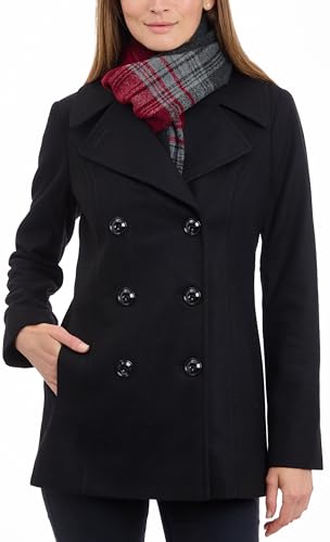 LONDON FOG womens Double Breasted Peacoat With Scarf Pea Coat, Black, Large US