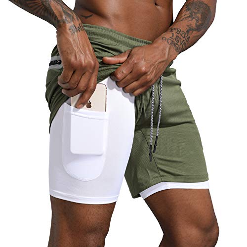 Leidowei Men's 2-in-1 Gym Running Shorts Lightweight Workout Athletic Training 7" Short Pants with Zip Pockets Green XL