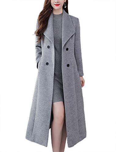 chouyatou Women's Chic Shawl Collar Work Double Breasted Maxi Long Wool Pea Coat (Large, Grey)