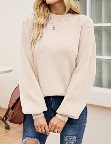 ZESICA Women's 2024 Casual Turtleneck Long Lantern Sleeve Oversized Ribbed Knit Pullover Sweater Jumper Top,Beige,Medium