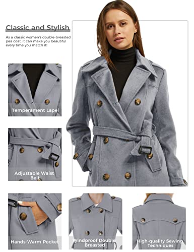 wantdo Women's Casual Long Sleeve Double Breasted Pea Coat with Belt Grey M