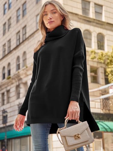 LILLUSORY Sweaters for Women Turtleneck Oversized Cashmere 2024 Pullover Long Mock Batwing Tunic Trendy Clearance Clothes Black