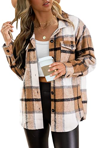 AUTOMET Womens Fall Outfits Fashion Clothes Shackets Flannel Plaid Button Down Long Sleeve Shirts Jackets 2024 Apricot XXL